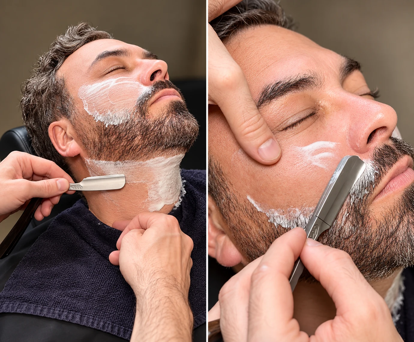Travail à la lame sur les contours des joues et du cou d’une barbe