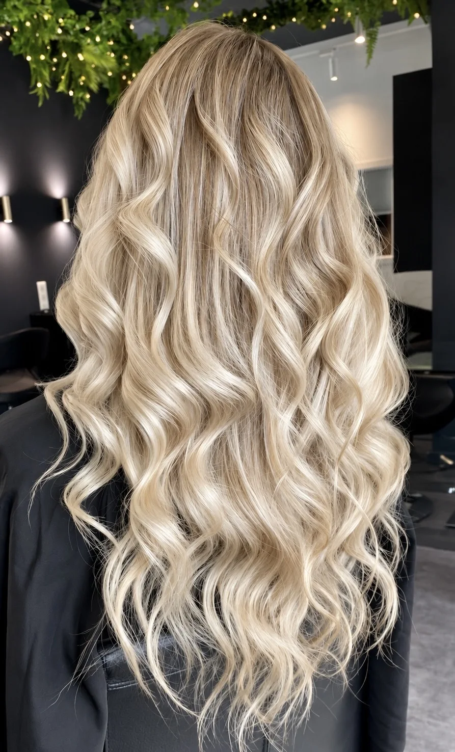 Balayage babylights réalisé chez Tommy & Co : fines mèches blondes fondues dans de longs cheveux ondulés.
