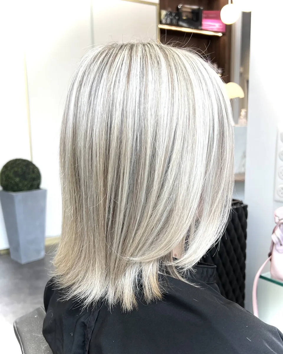 Résultat de babylights sur cheveux mi-longs : fines mèches blondes et finition lisse.